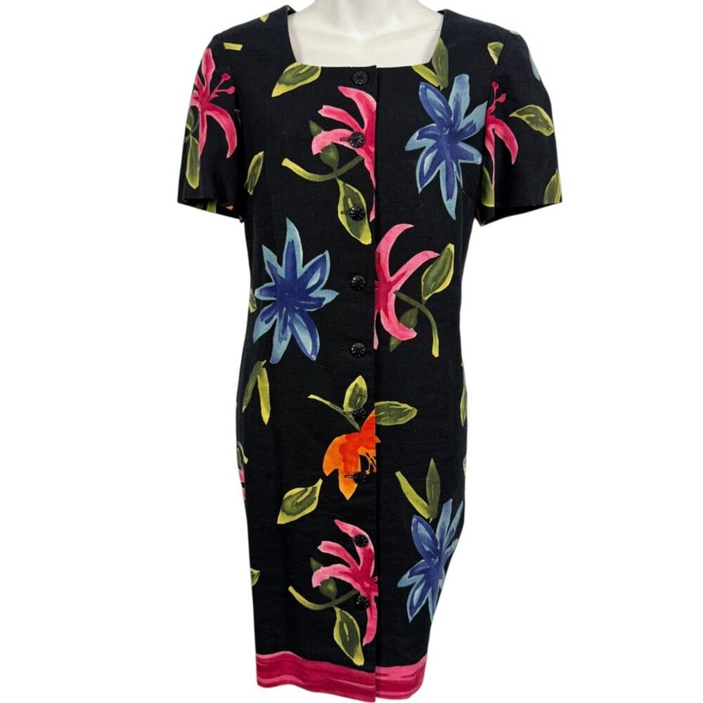Liz Claiborne Womens Vintage Black Floral Button Up Linen Dress Square Neck 6P